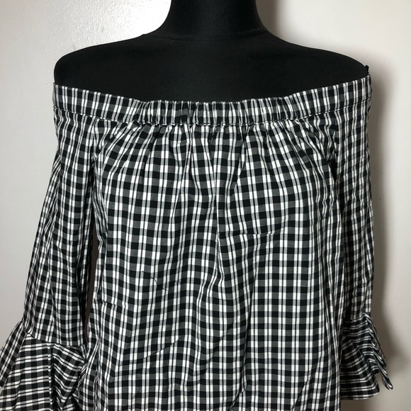 Nordstrom 1. State Off Shoulder Blouse black Checkered Size Medium Bell Sleeves - Picture 3 of 9